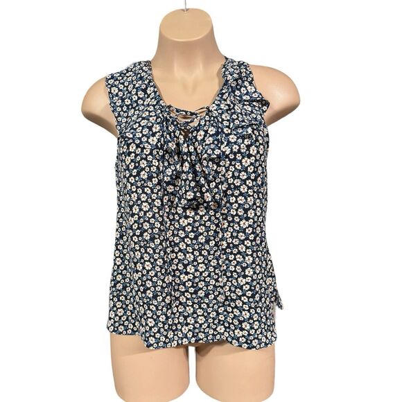 NEW!  7th‎ Avenue Design Studio New York & Company Large Navy Blue Floral Blouse - Picture 1 of 12